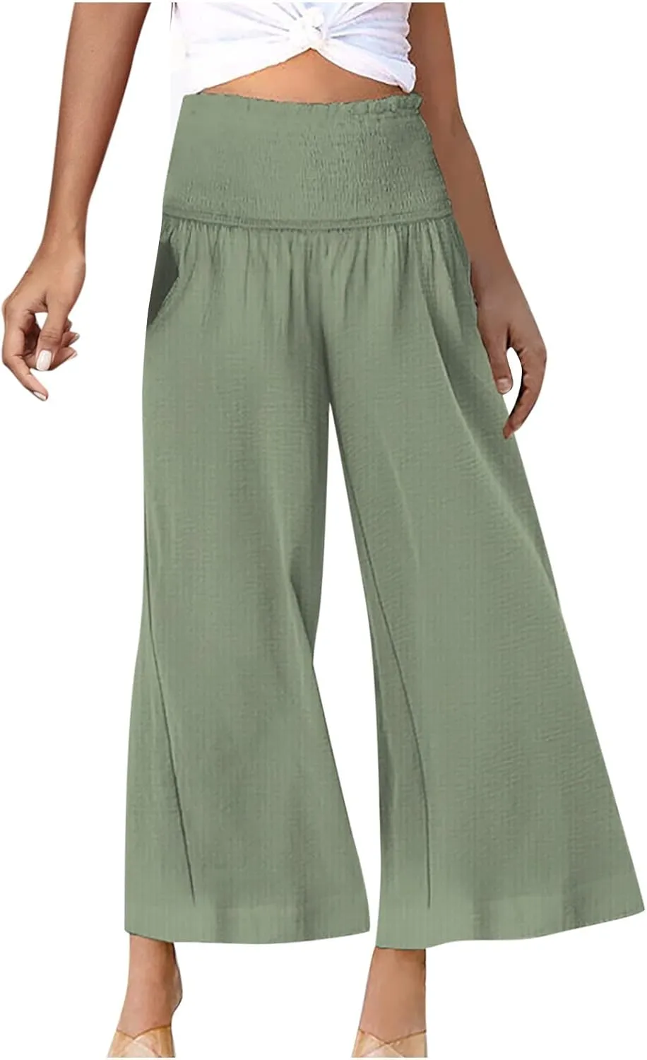 Ceboyel Wide Leg Palazzo Pants for Women High Waist Gaucho Pants Elastic Flowy Culottes Summer Beach Trousers 2023