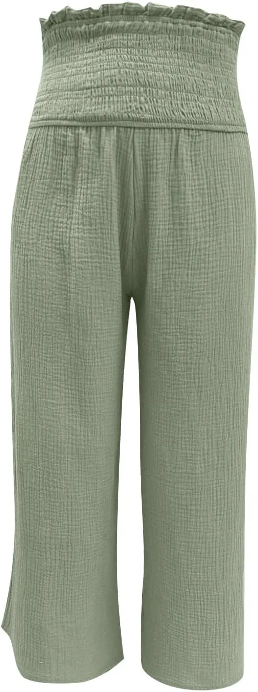 Ceboyel Wide Leg Palazzo Pants for Women High Waist Gaucho Pants Elastic Flowy Culottes Summer Beach Trousers 2023