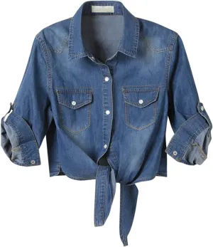 Century Star Women's 3/4 Sleeve Denim Shirt Chambray Crop Top Jean Tie Cardigan Front Knot
