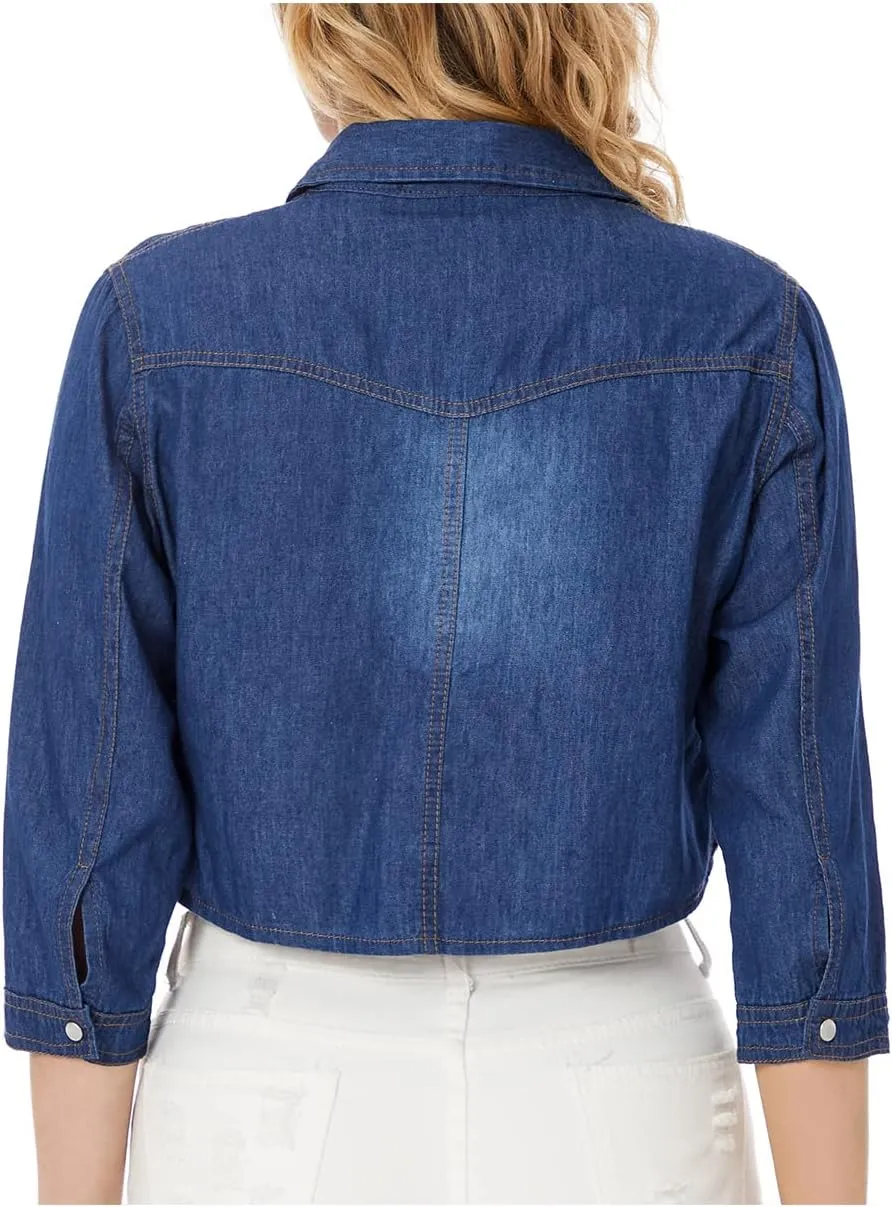 Century Star Women's 3/4 Sleeve Denim Shirt Chambray Crop Top Jean Tie Cardigan Front Knot