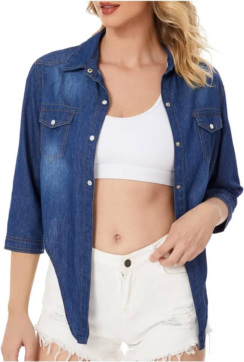 Century Star Women's 3/4 Sleeve Denim Shirt Chambray Crop Top Jean Tie Cardigan Front Knot