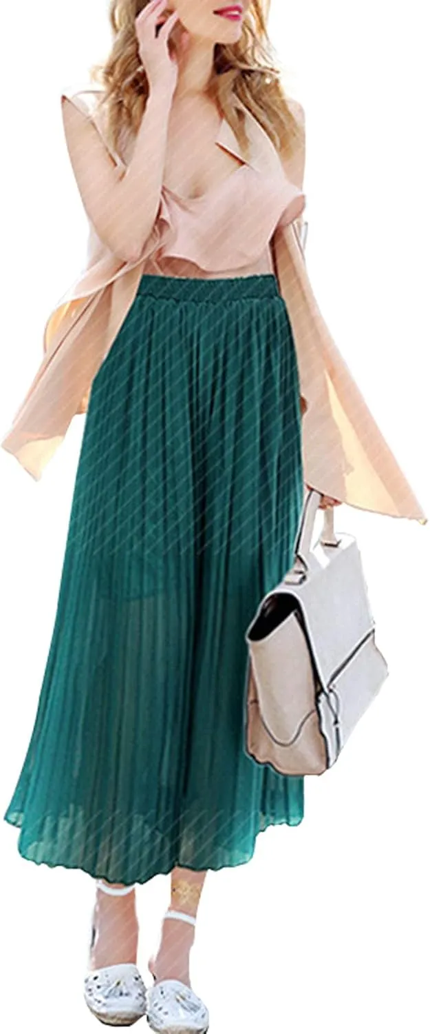chouyatou Women's Elastic Waist A-Line Pleated Chiffon Cropped Wide Leg Pants Culottes