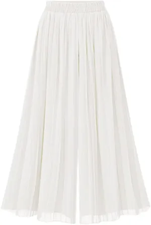 chouyatou Women's Elastic Waist A-Line Pleated Chiffon Cropped Wide Leg Pants Culottes