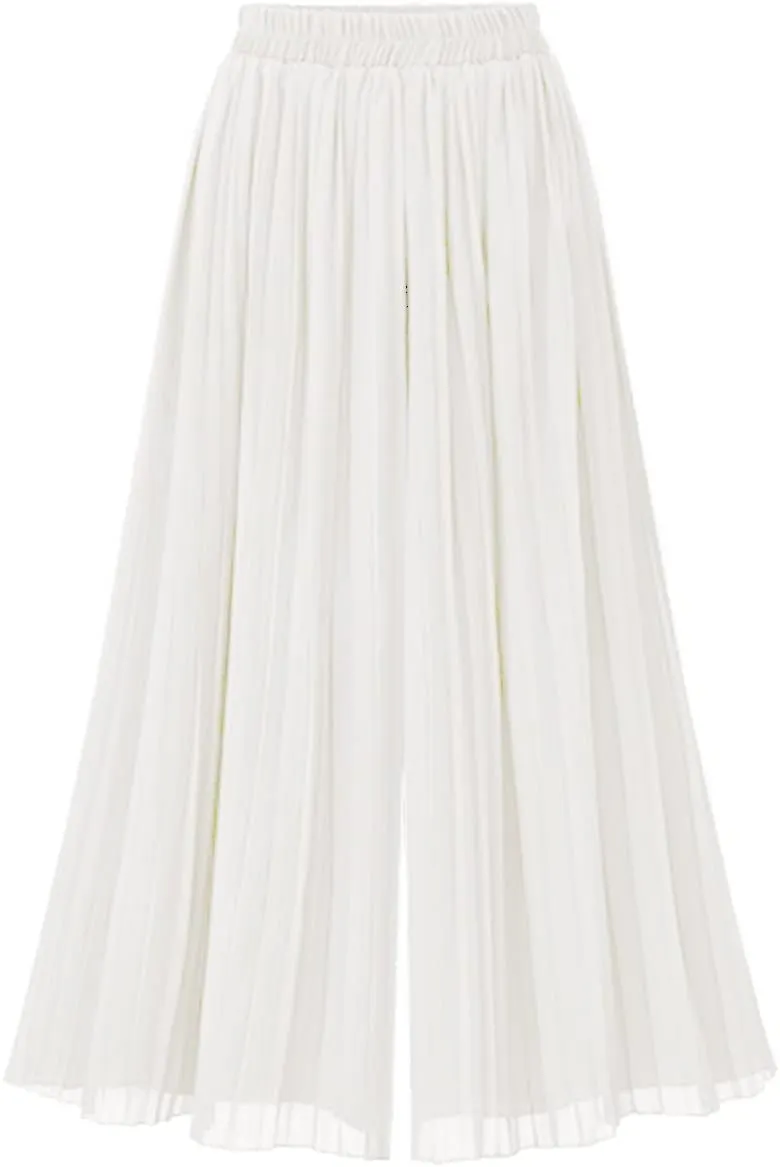 chouyatou Women's Elastic Waist A-Line Pleated Chiffon Cropped Wide Leg Pants Culottes