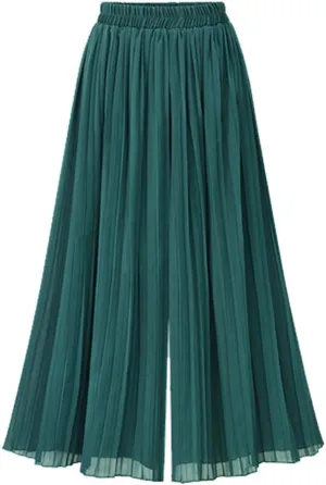 chouyatou Women's Elastic Waist A-Line Pleated Chiffon Cropped Wide Leg Pants Culottes