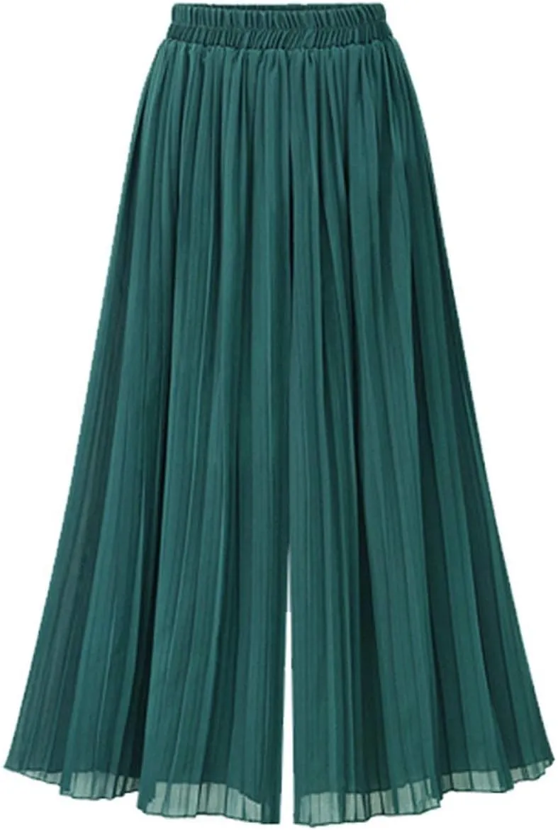 chouyatou Women's Elastic Waist A-Line Pleated Chiffon Cropped Wide Leg Pants Culottes