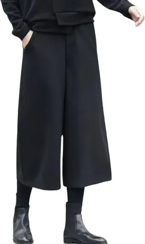 chouyatou Women's Fall Wool Blend Culottes Capri Cropped Pants Elastic High Waist Wide Leg Palazzo Trouser