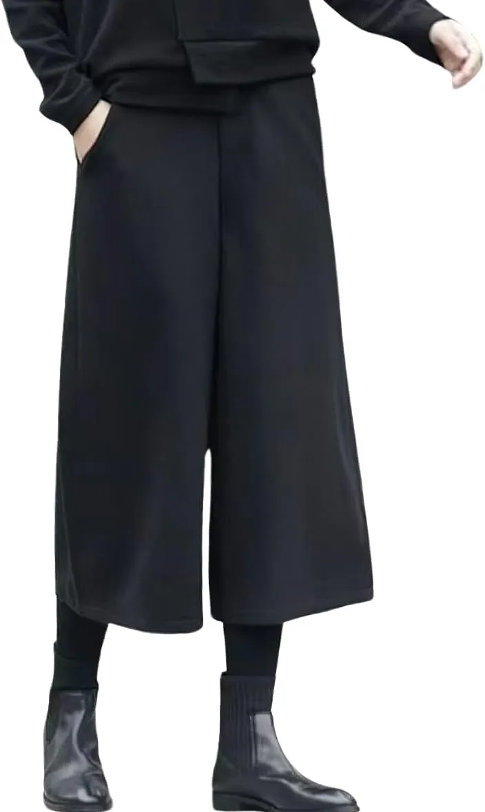 chouyatou Women's Fall Wool Blend Culottes Capri Cropped Pants Elastic High Waist Wide Leg Palazzo Trouser