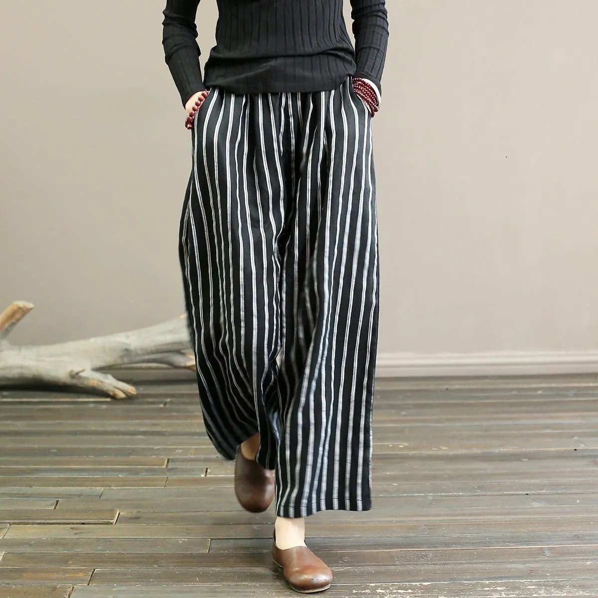 chouyatou Women's Summer Casual Striped Linen Pants Culottes Cotton Wide Leg Cropped Palazzo Pants