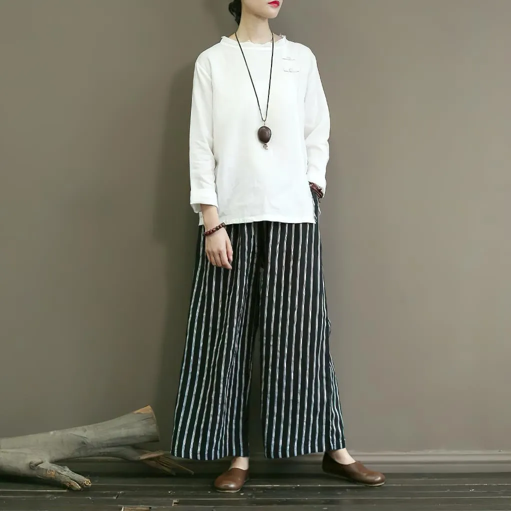 chouyatou Women's Summer Casual Striped Linen Pants Culottes Cotton Wide Leg Cropped Palazzo Pants