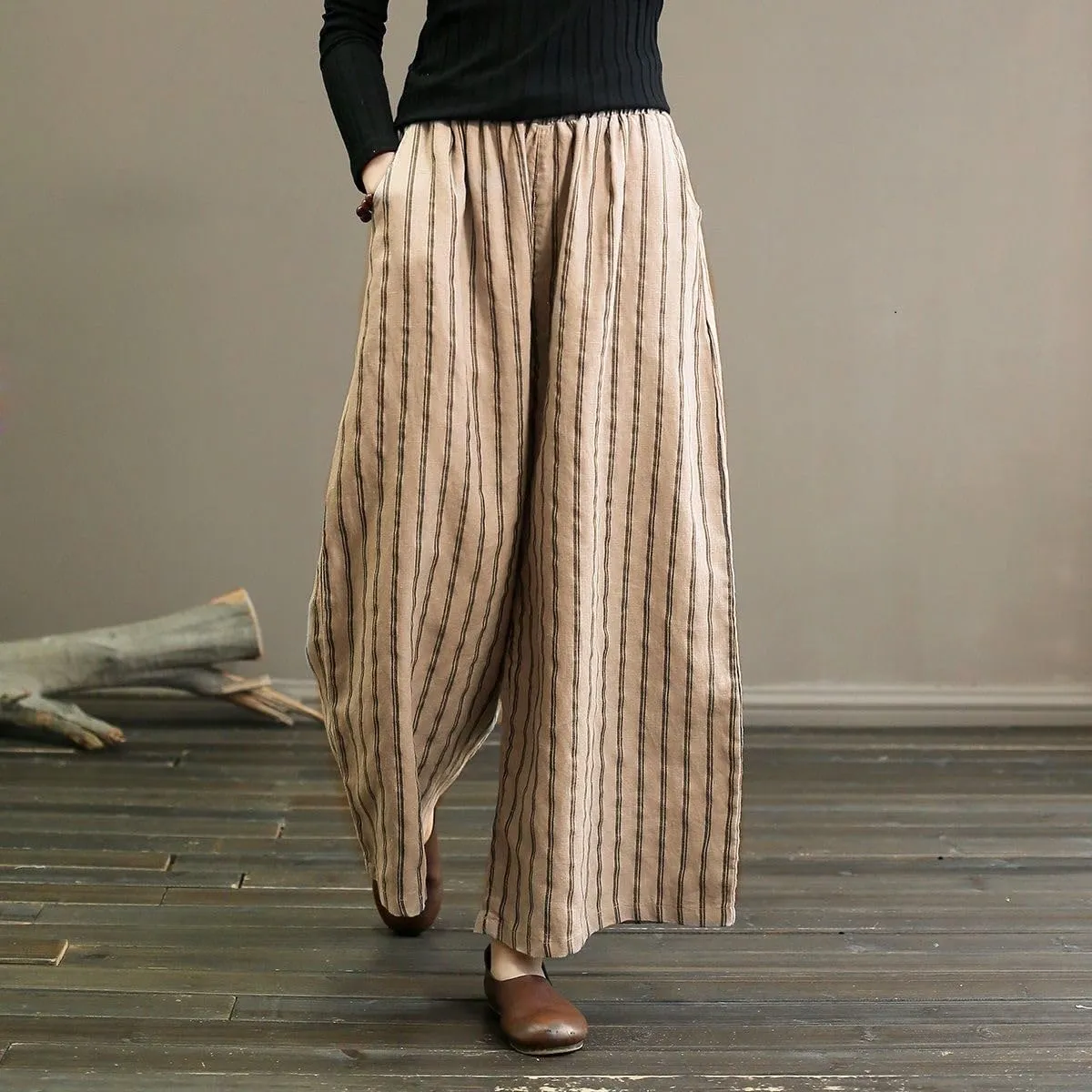 chouyatou Women's Summer Casual Striped Linen Pants Culottes Cotton Wide Leg Cropped Palazzo Pants
