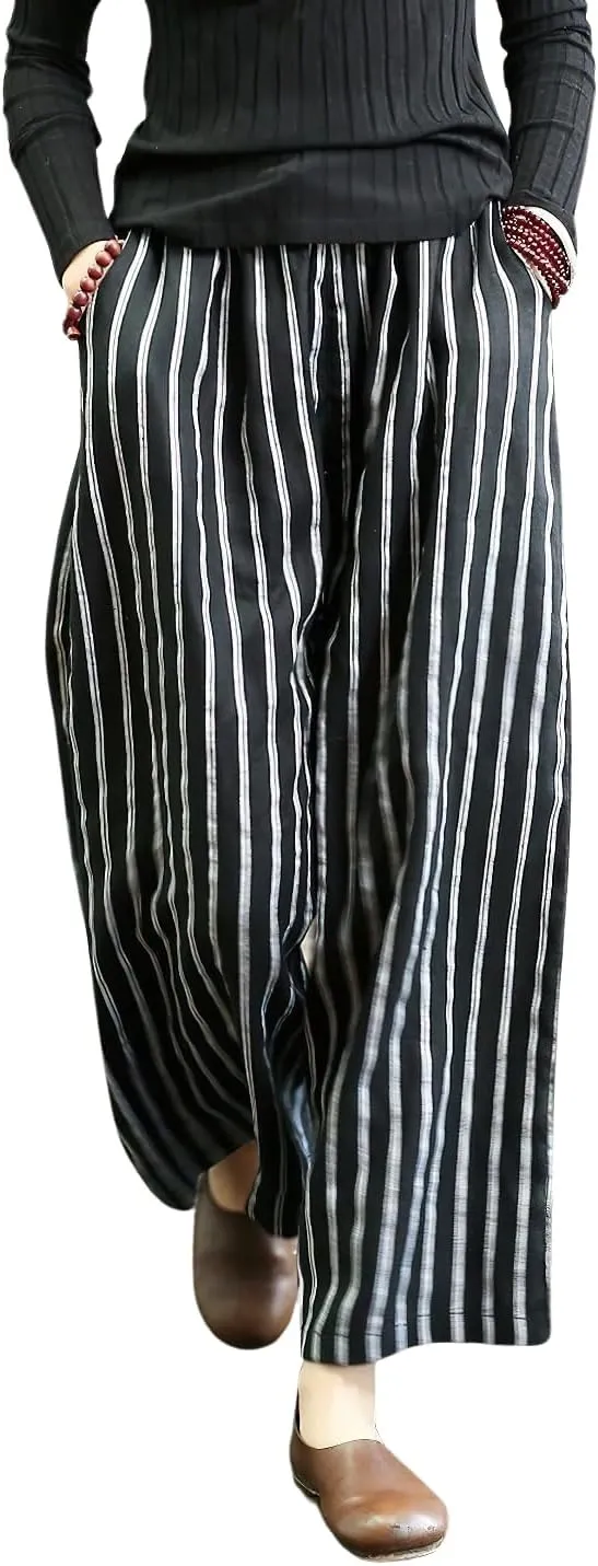 chouyatou Women's Summer Casual Striped Linen Pants Culottes Cotton Wide Leg Cropped Palazzo Pants