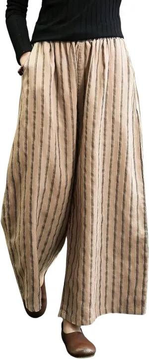 chouyatou Women's Summer Casual Striped Linen Pants Culottes Cotton Wide Leg Cropped Palazzo Pants