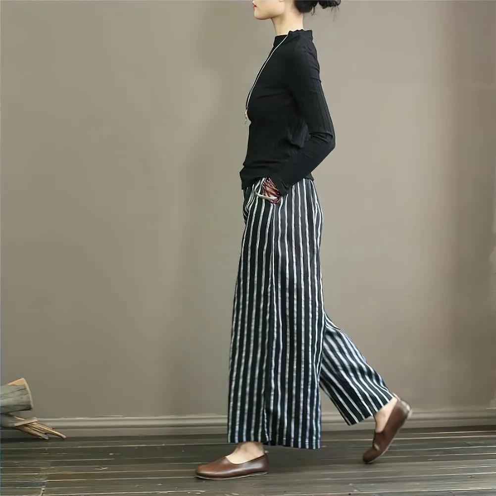 chouyatou Women's Summer Casual Striped Linen Pants Culottes Cotton Wide Leg Cropped Palazzo Pants