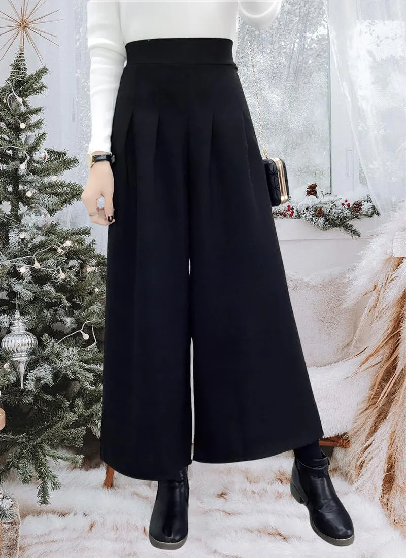 chouyatou Women's Winter High Waist Wide Leg Plaid Wool Blend Palazzo Capri Pants Culottes with Pockets