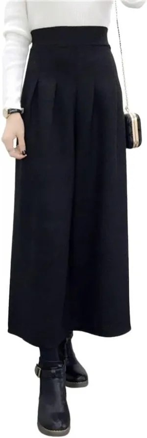 chouyatou Women's Winter High Waist Wide Leg Plaid Wool Blend Palazzo Capri Pants Culottes with Pockets