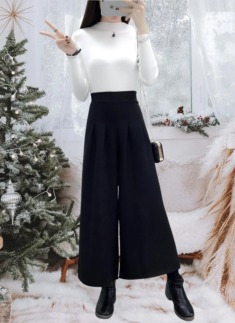 chouyatou Women's Winter High Waist Wide Leg Plaid Wool Blend Palazzo Capri Pants Culottes with Pockets