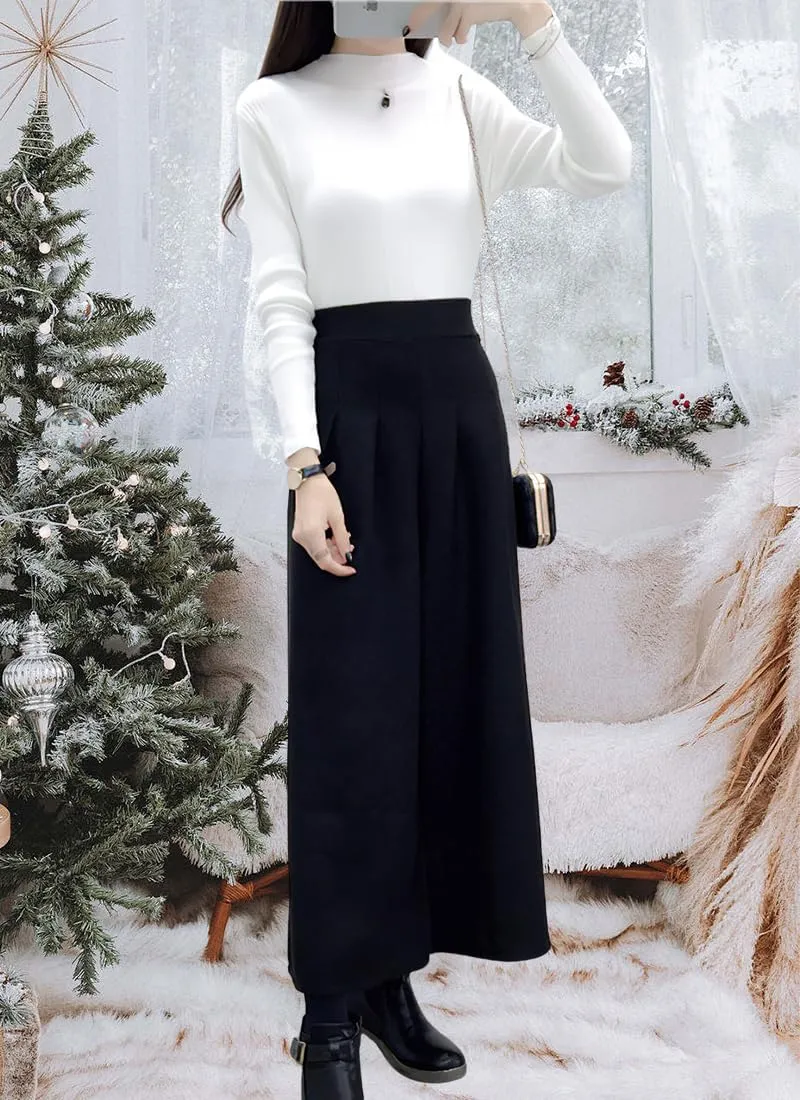 chouyatou Women's Winter High Waist Wide Leg Plaid Wool Blend Palazzo Capri Pants Culottes with Pockets