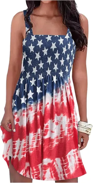 CHUNTIANRAN American Flag Smocked Spaghetti Strap Summer Mini Dress for Women Casual Beach Sleeveless Swing A Line Dress