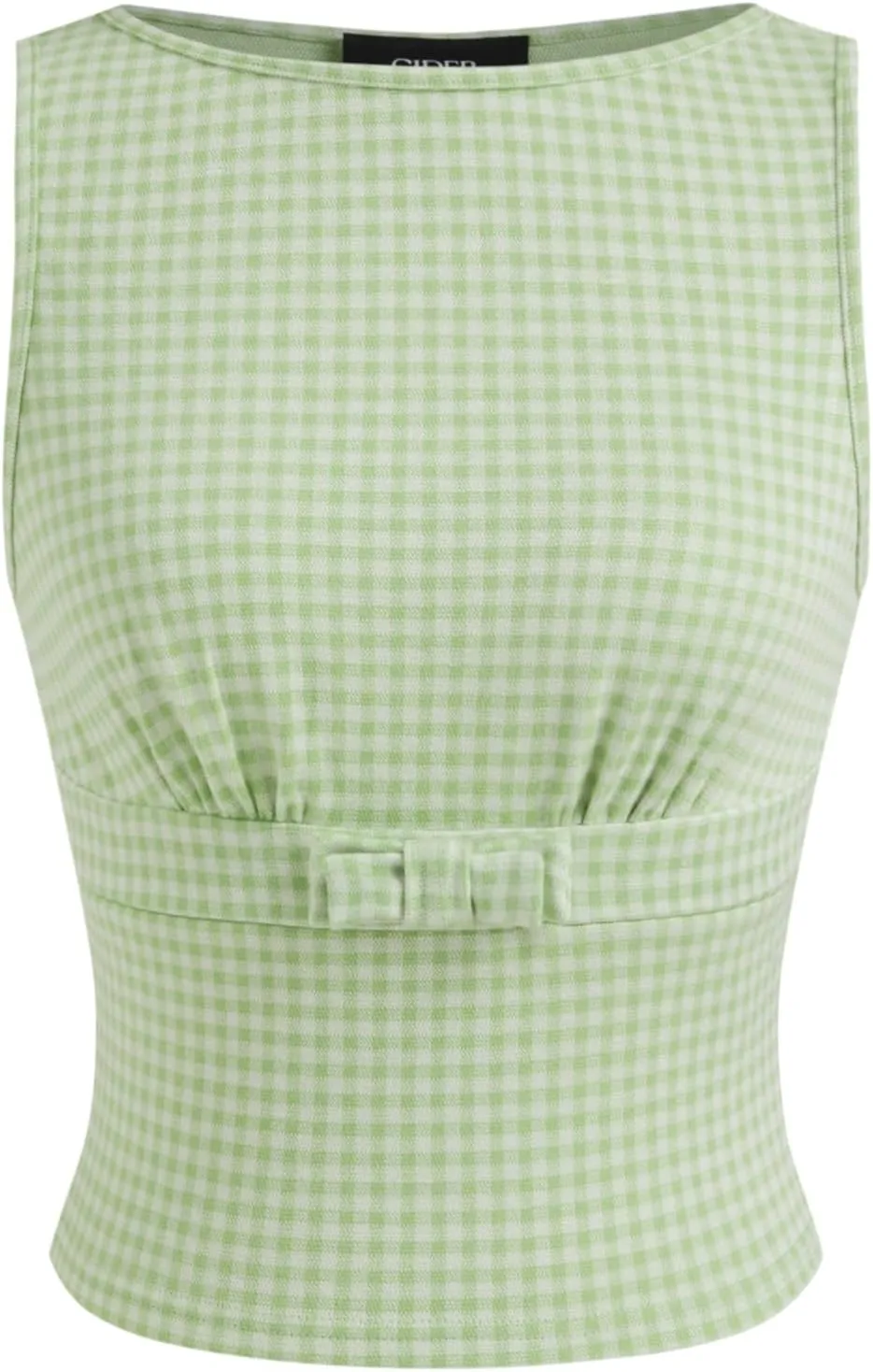 CIDER Tank Top for Women Boat Neck Gingham Slim Fit Bowknot Sleeveless Knit Fabric Checks Pattern Cute Top
