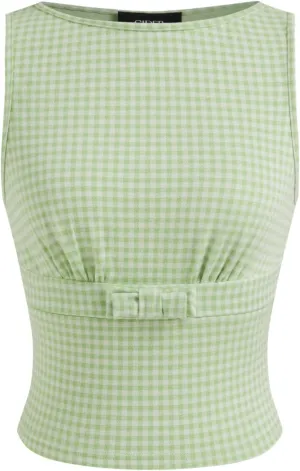 CIDER Tank Top for Women Boat Neck Gingham Slim Fit Bowknot Sleeveless Knit Fabric Checks Pattern Cute Top