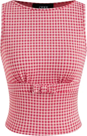 CIDER Tank Top for Women Boat Neck Gingham Slim Fit Bowknot Sleeveless Knit Fabric Checks Pattern Cute Top