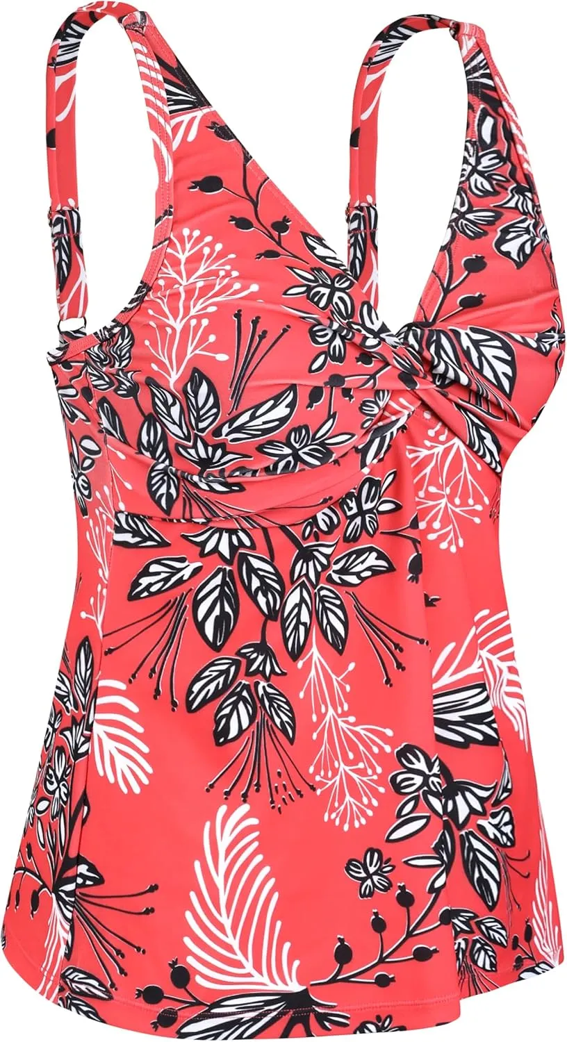 coastal rose Women's Underwire Tankini Top Twist Front V Neck Push Up Swimsuit Top Flowy Bathing Suit Tops Only
