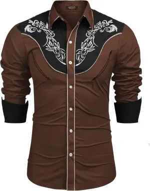 COOFANDY Men's Cowboy Shirtss Embroidered Rose Design Shirts Western Long Sleeve Button Down Shirts