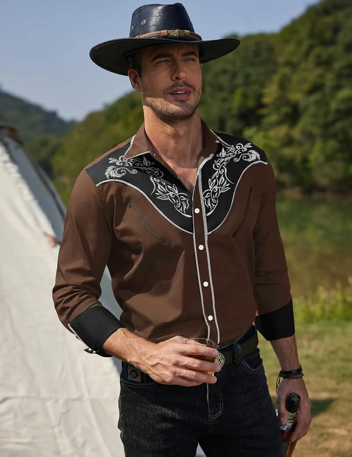 COOFANDY Men's Cowboy Shirtss Embroidered Rose Design Shirts Western Long Sleeve Button Down Shirts