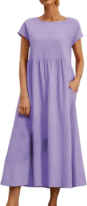 Cotton Dresses for Women 2024 Summer Linen Causal Maxi Shirt Dress Ladies Short Sleeve T-Shirt Sundress with Pockets