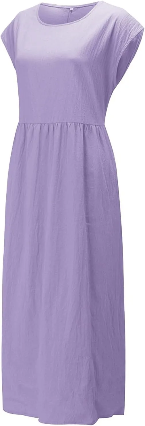 Cotton Dresses for Women 2024 Summer Linen Causal Maxi Shirt Dress Ladies Short Sleeve T-Shirt Sundress with Pockets