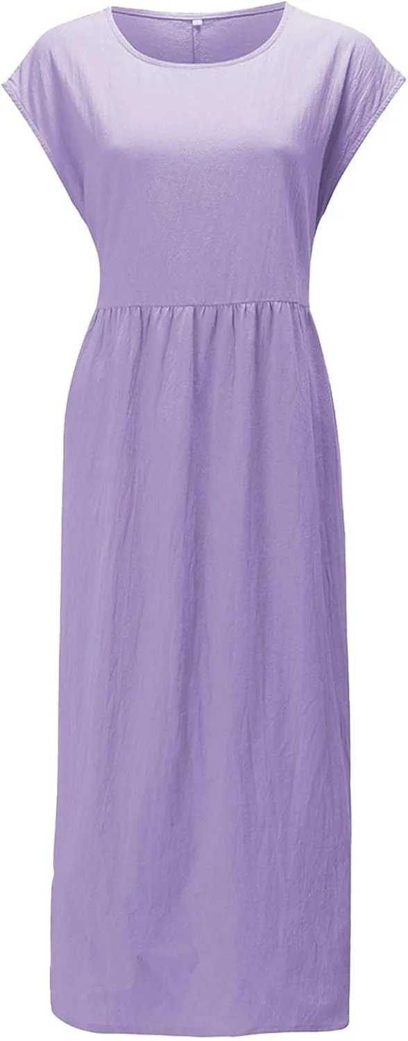 Cotton Dresses for Women 2024 Summer Linen Causal Maxi Shirt Dress Ladies Short Sleeve T-Shirt Sundress with Pockets