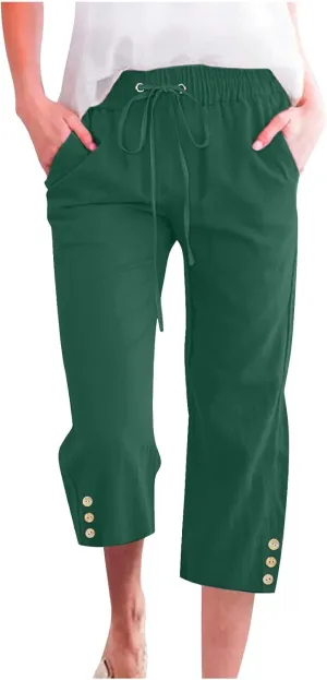 Cotton Linen Capri Pants for Women Casual Summer Elastic Waist Lounge Capris Loose Comfy Lightweight Cropped Trousers