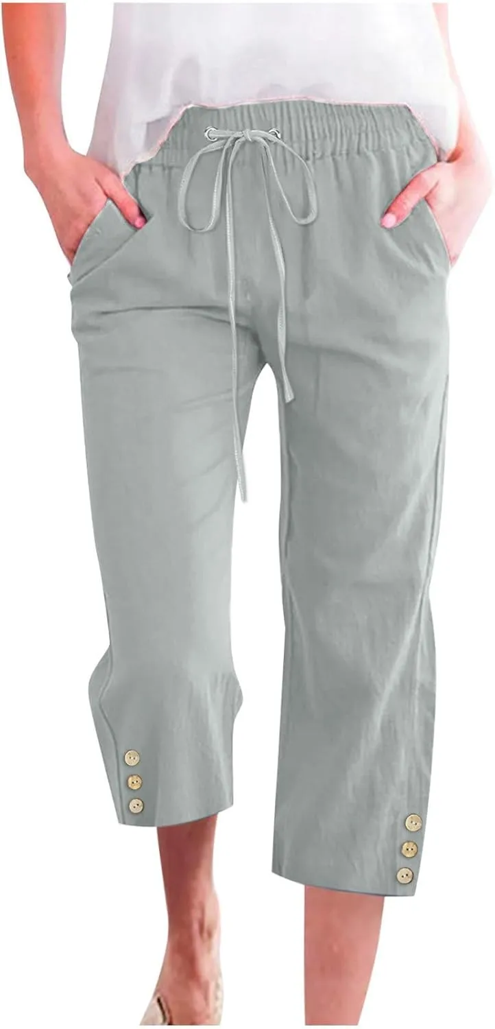 Cotton Linen Capri Pants for Women Casual Summer Elastic Waist Lounge Capris Loose Comfy Lightweight Cropped Trousers