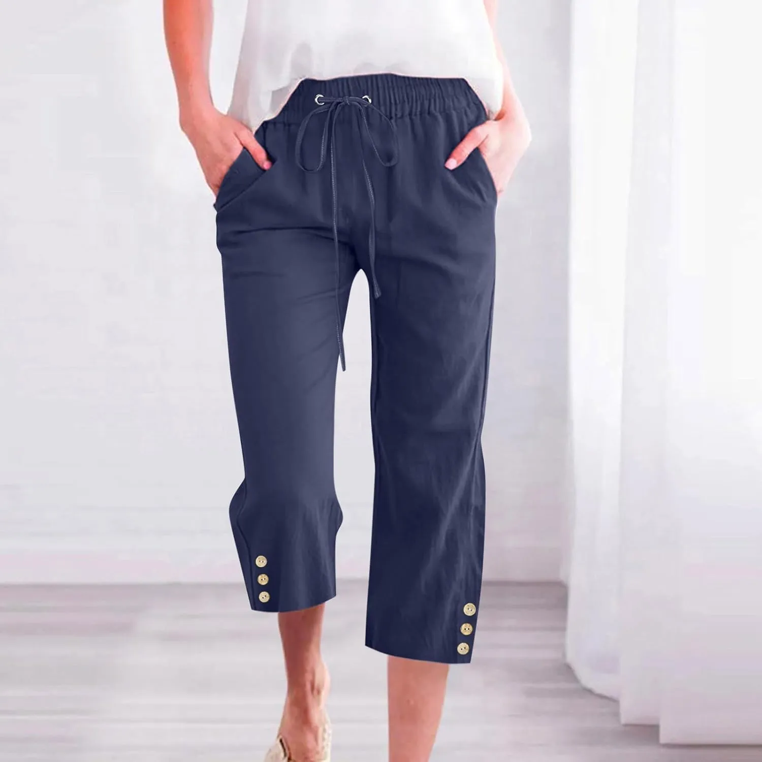 Cotton Linen Capri Pants for Women Casual Summer Elastic Waist Lounge Capris Loose Comfy Lightweight Cropped Trousers
