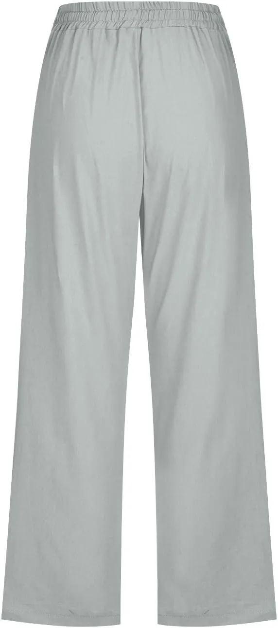 Cotton Linen Capri Pants for Women Casual Summer Elastic Waist Lounge Capris Loose Comfy Lightweight Cropped Trousers
