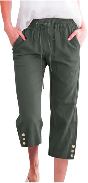 Cotton Linen Capri Pants for Women Casual Summer Elastic Waist Lounge Capris Loose Comfy Lightweight Cropped Trousers