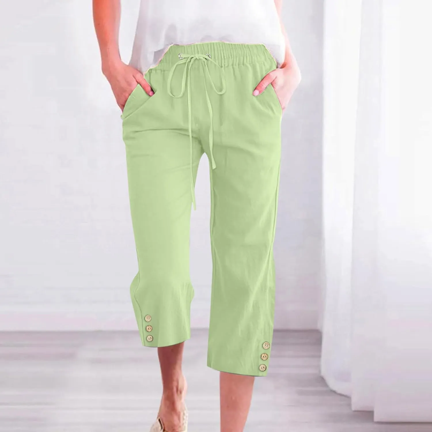 Cotton Linen Capri Pants for Women Casual Summer Elastic Waist Lounge Capris Loose Comfy Lightweight Cropped Trousers