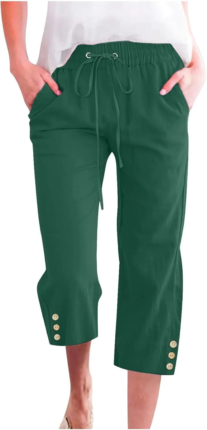 Cotton Linen Capri Pants for Women Casual Summer Elastic Waist Lounge Capris Loose Comfy Lightweight Cropped Trousers