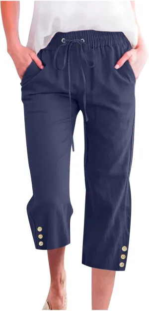 Cotton Linen Capri Pants for Women Casual Summer Elastic Waist Lounge Capris Loose Comfy Lightweight Cropped Trousers