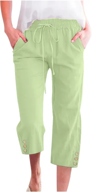 Cotton Linen Capri Pants for Women Casual Summer Elastic Waist Lounge Capris Loose Comfy Lightweight Cropped Trousers