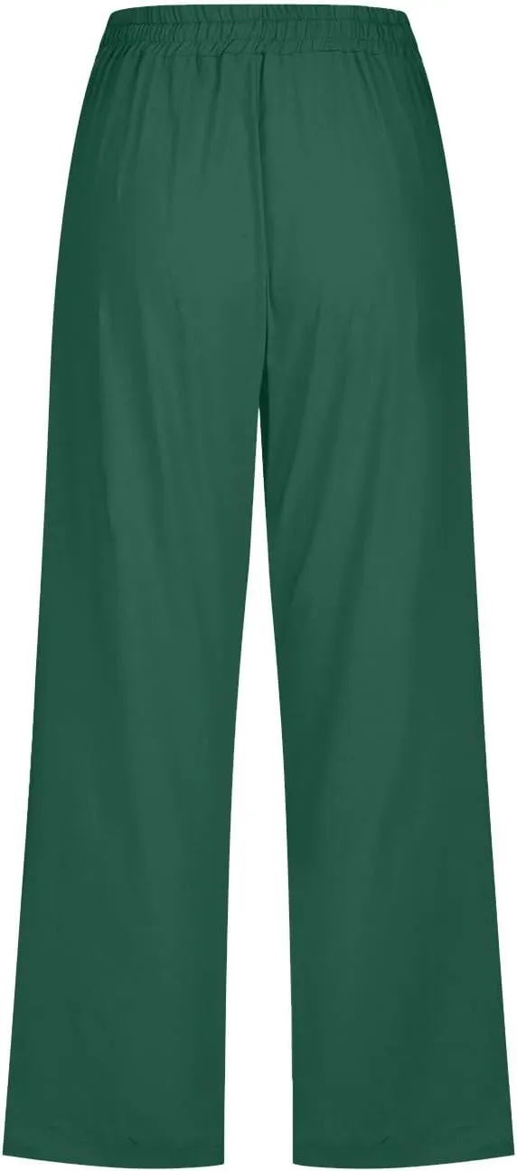 Cotton Linen Capri Pants for Women Casual Summer Elastic Waist Lounge Capris Loose Comfy Lightweight Cropped Trousers