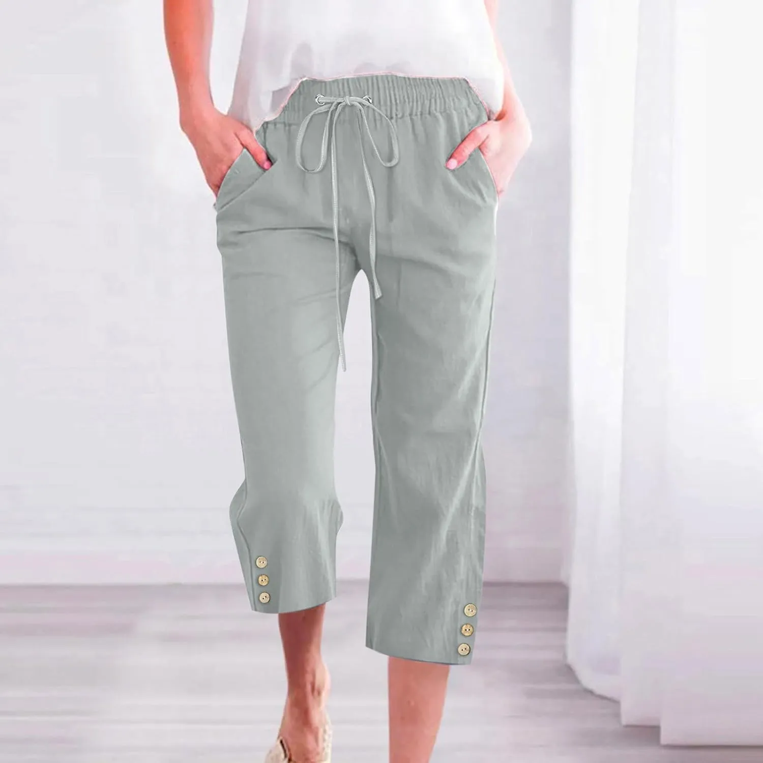 Cotton Linen Capri Pants for Women Casual Summer Elastic Waist Lounge Capris Loose Comfy Lightweight Cropped Trousers