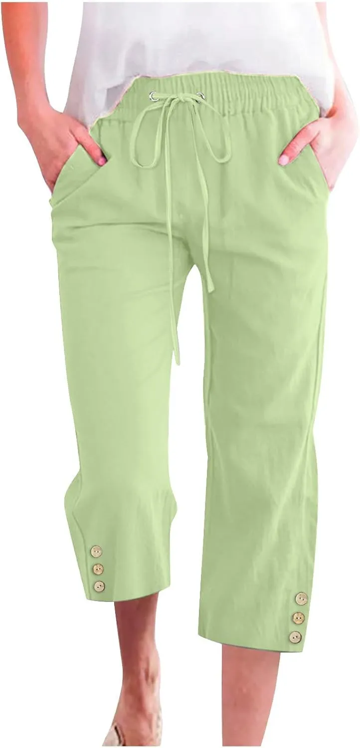 Cotton Linen Capri Pants for Women Casual Summer Elastic Waist Lounge Capris Loose Comfy Lightweight Cropped Trousers