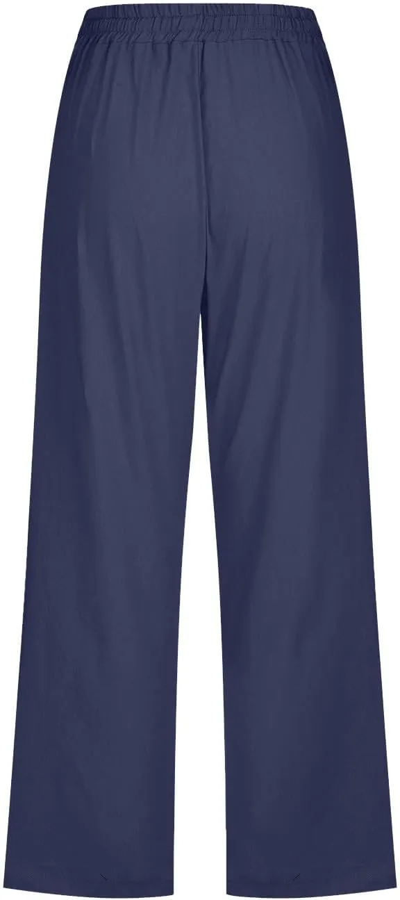 Cotton Linen Capri Pants for Women Casual Summer Elastic Waist Lounge Capris Loose Comfy Lightweight Cropped Trousers