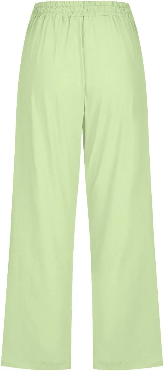 Cotton Linen Capri Pants for Women Casual Summer Elastic Waist Lounge Capris Loose Comfy Lightweight Cropped Trousers