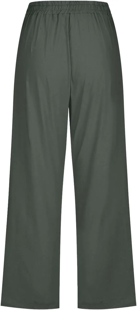 Cotton Linen Capri Pants for Women Casual Summer Elastic Waist Lounge Capris Loose Comfy Lightweight Cropped Trousers