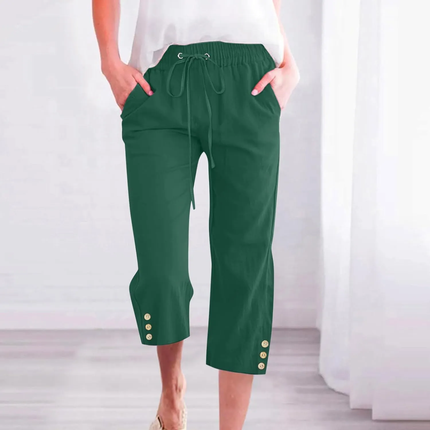 Cotton Linen Capri Pants for Women Casual Summer Elastic Waist Lounge Capris Loose Comfy Lightweight Cropped Trousers