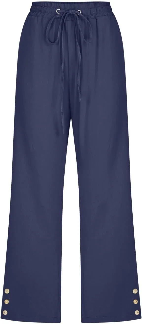 Cotton Linen Capri Pants for Women Casual Summer Elastic Waist Lounge Capris Loose Comfy Lightweight Cropped Trousers
