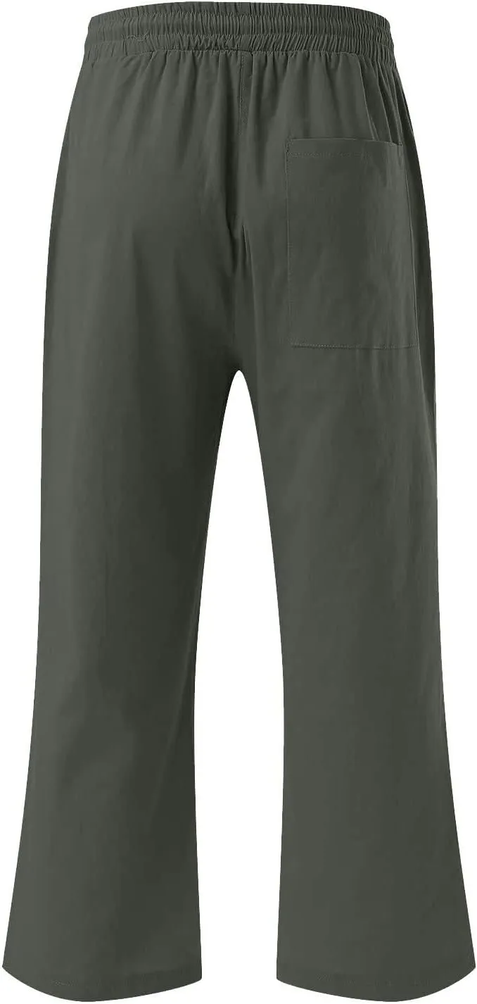 Cotton Linen Capri Pants for Women Casual Summer Straight Wide Leg Palazzo Capris Loose Comfy Beach Cropped Trousers